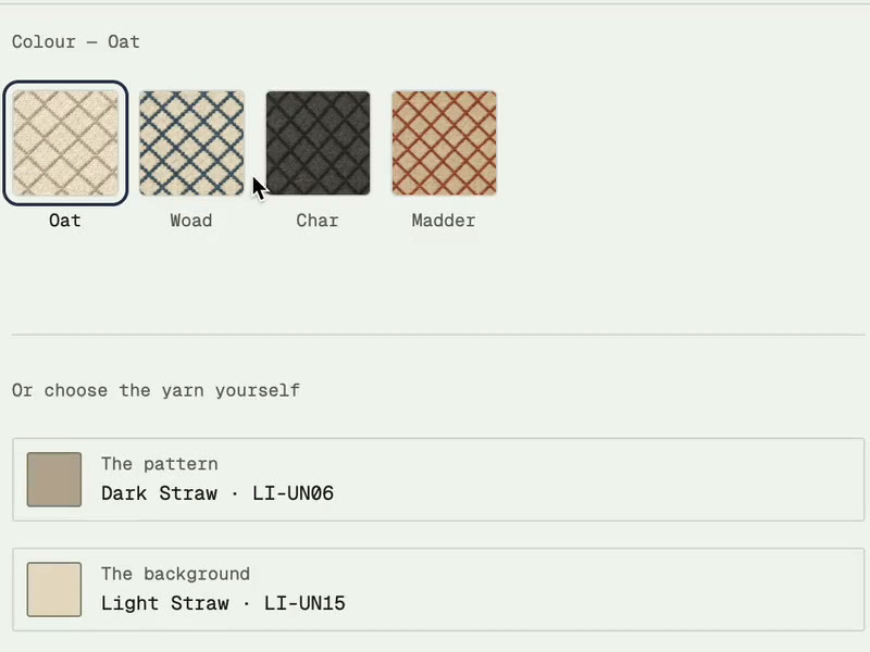 The configurator's colour panel: four woven thumbnails labelled Oat, Woad, Char and Madder, and two rows below them naming the pattern yarn and the background yarn.