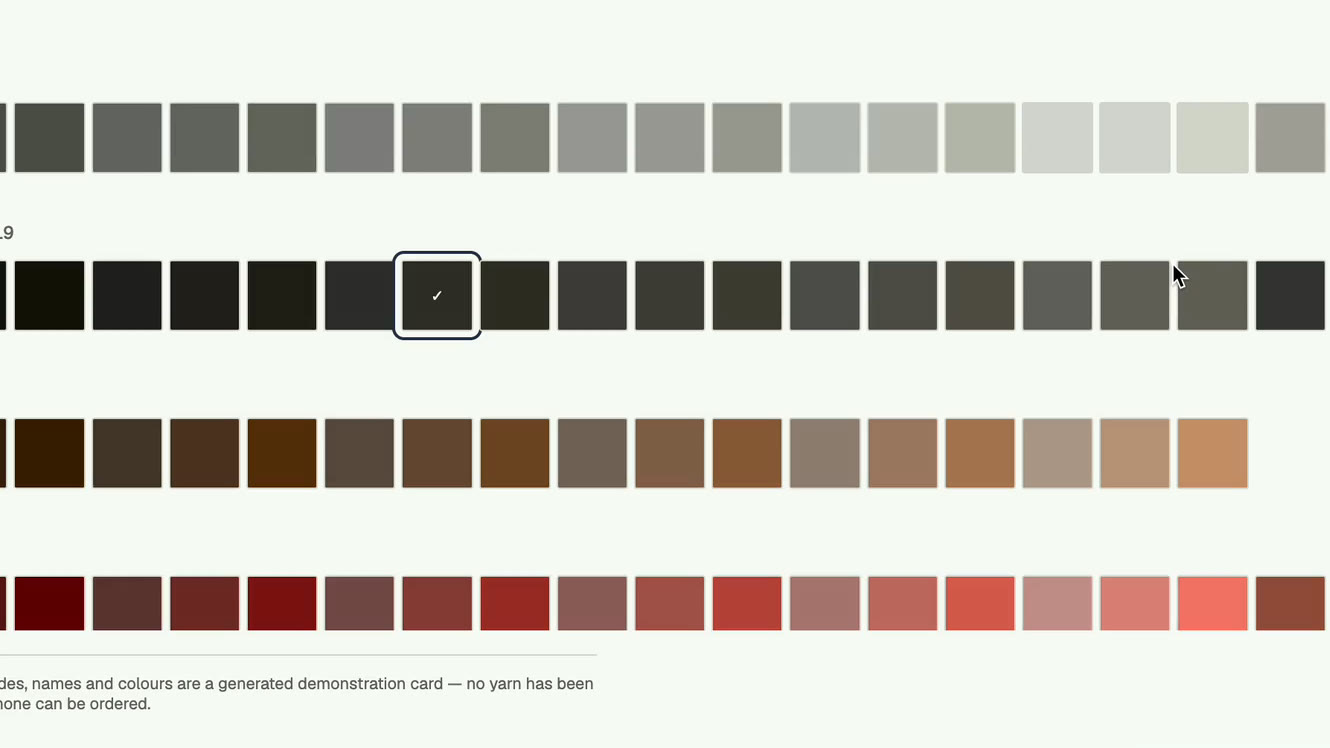 Four rows of yarn swatches in the open library, each row a family run ordered light to dark, with one swatch checked. The row headings are cut off at the left edge of the recording.