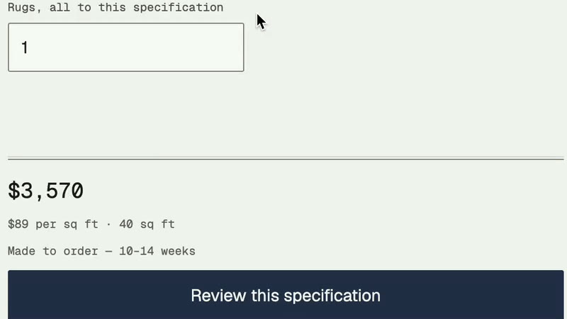 The quote block reading three thousand five hundred and seventy dollars, a rate line of eighty nine dollars per square foot across forty square feet, a lead time, and a button reading Review this specification.