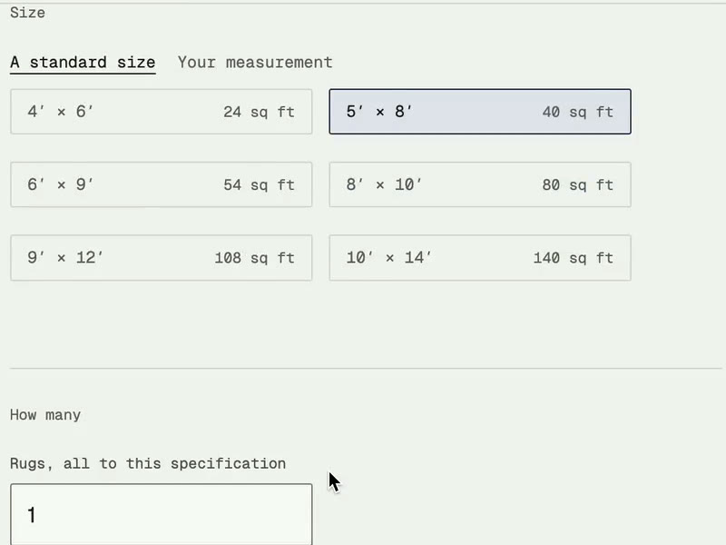 The size control: two tabs reading a standard size and your measurement, then six size cells each pairing a dimension with its square footage, then a quantity field.