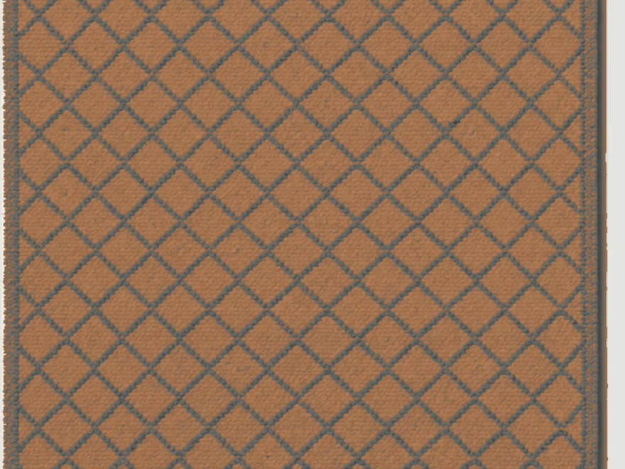 The rug in a chestnut ground with a slate lattice, chosen yarn by yarn.