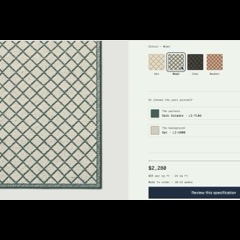 A frame of the configurator: a rug preview beside its colour library, specification and price.