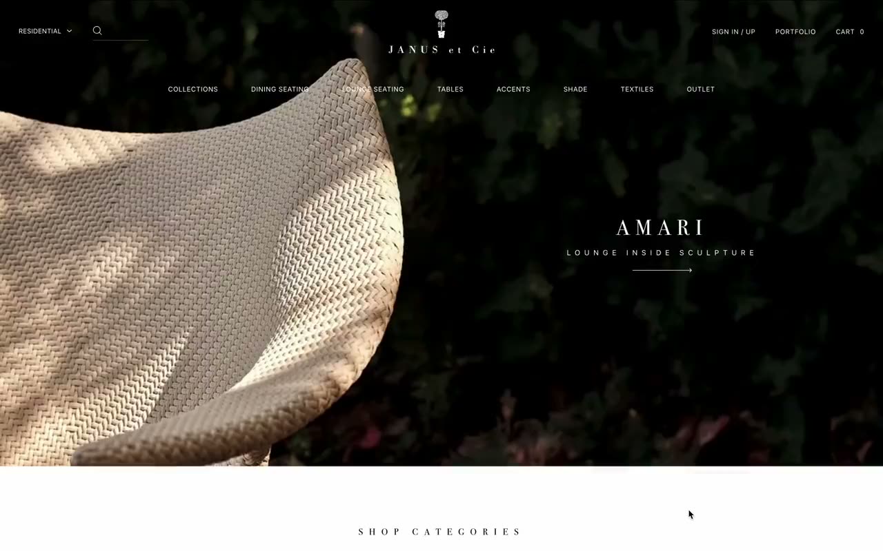 The Janus et Cie storefront, open on a lounge collection hero.