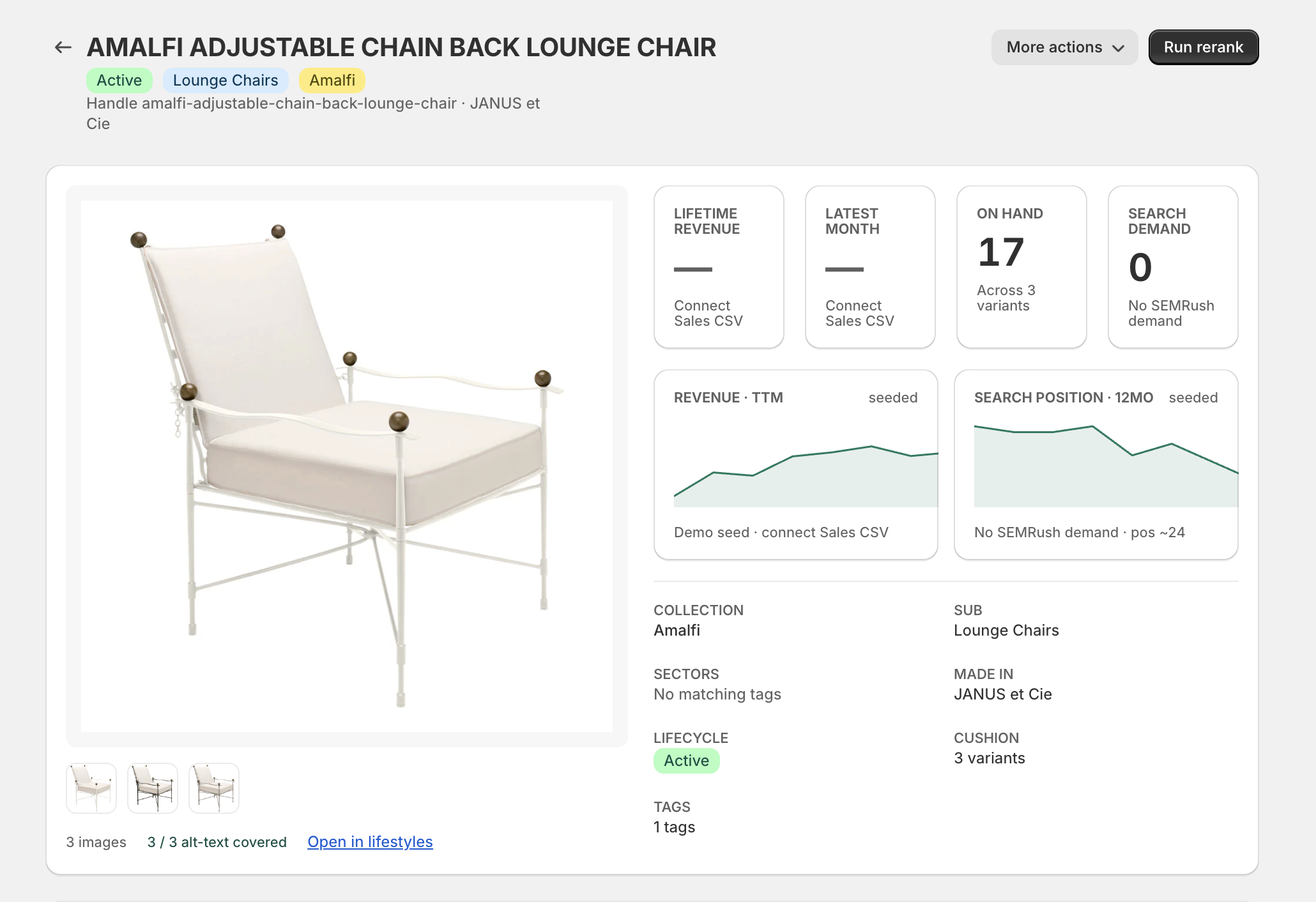 A product master in the PIM: lifetime revenue, demand, on-hand inventory, imagery, lifecycle, and metadata gathered in one record.