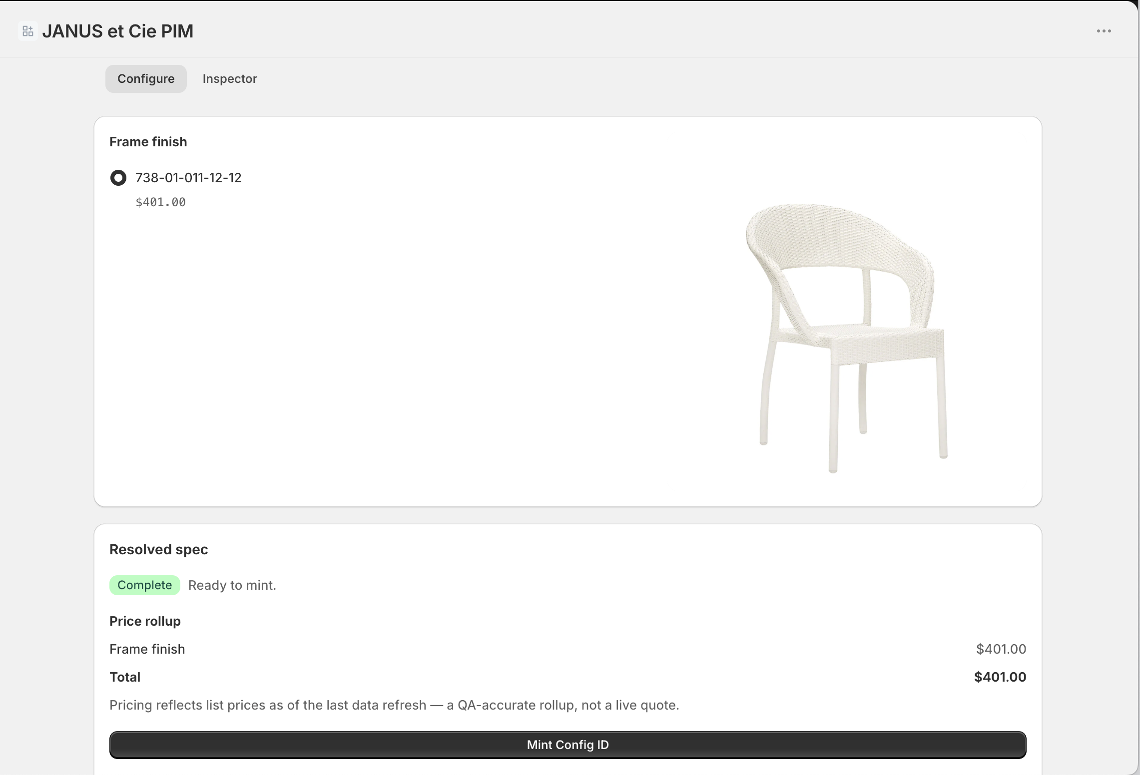 A configurator resolving a frame finish into a complete spec with a price rollup and a mint button.