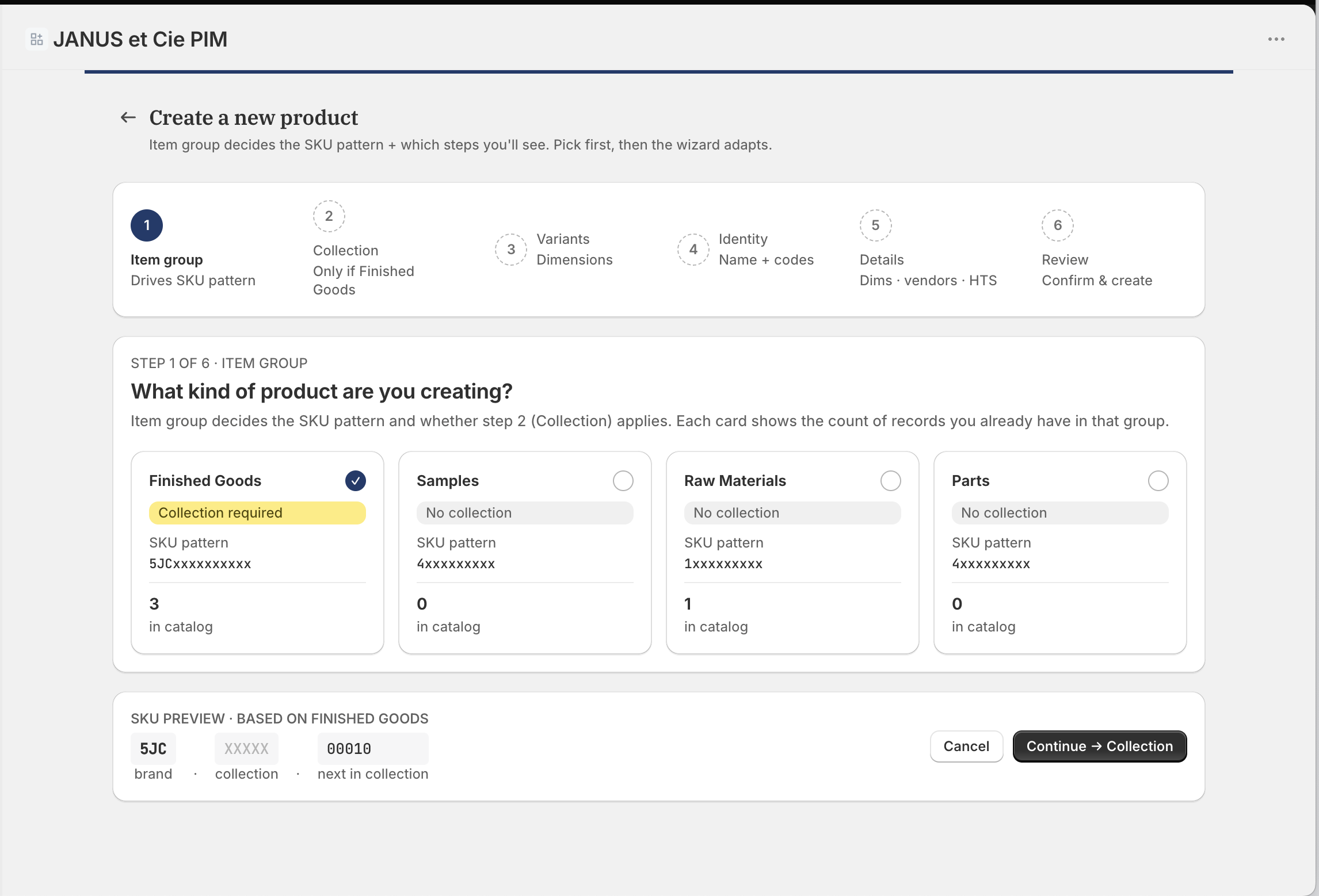 A guided create-a-product flow showing the item group step and the SKU pattern it generates.