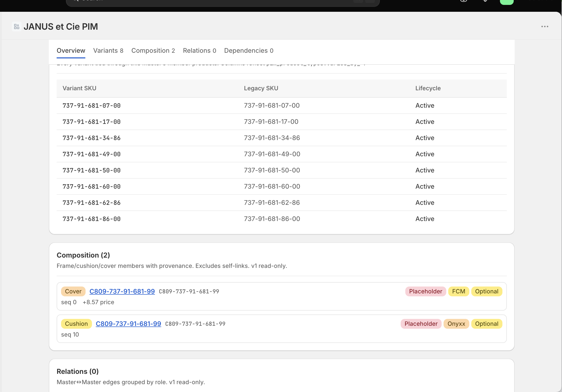A product master view with its variant SKUs and a composition list showing cover and cushion members with provenance.