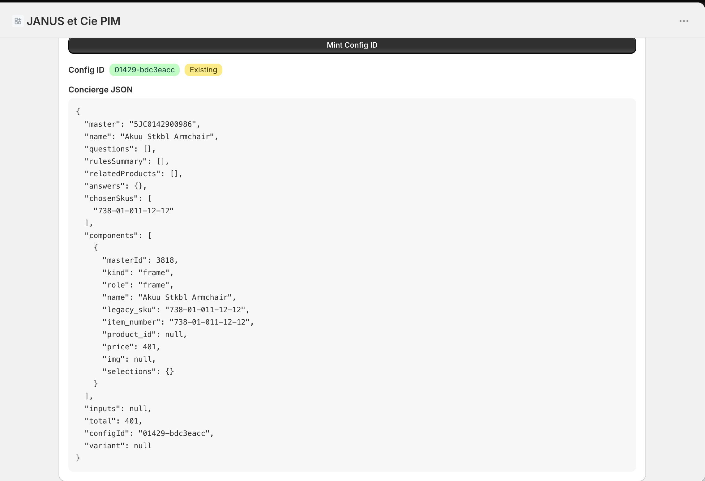 A minted config ID with the JSON payload that downstream systems consume.